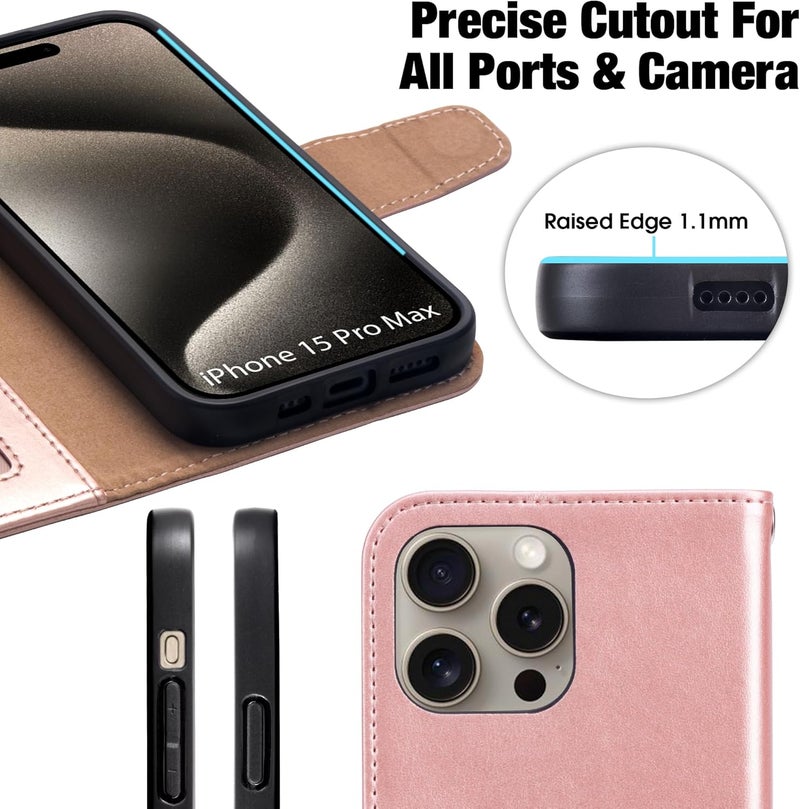 Arae Compatible with iPhone 15 Pro Max Case with Card Holder and Wrist Strap Wallet Flip Cover for iPhone 15 Pro Max 6.7 inch,Rose Gold - Image 4